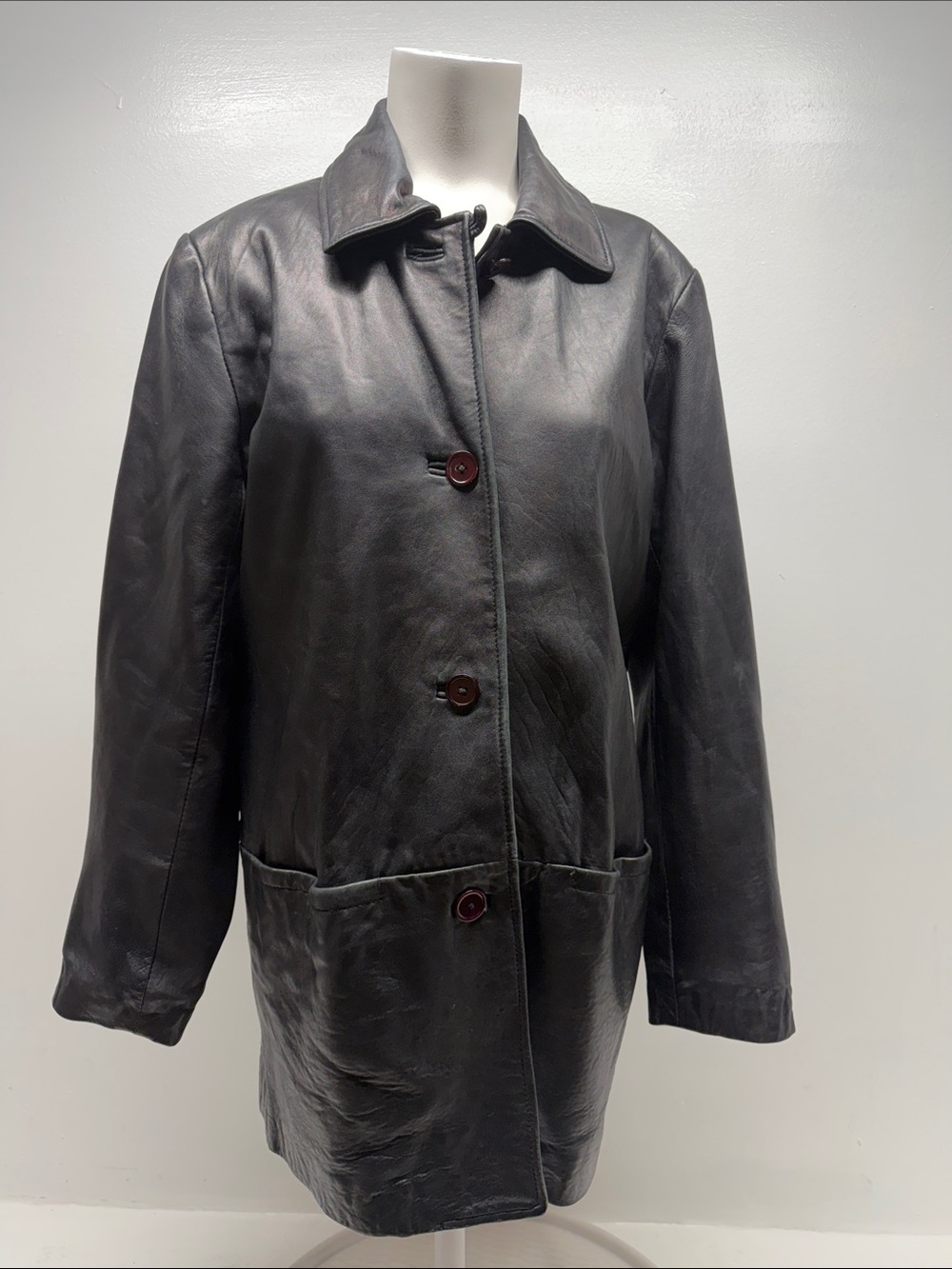 INC 100% Leather Jacket Coat Button Down Collared Pockets Black Women's Size XS